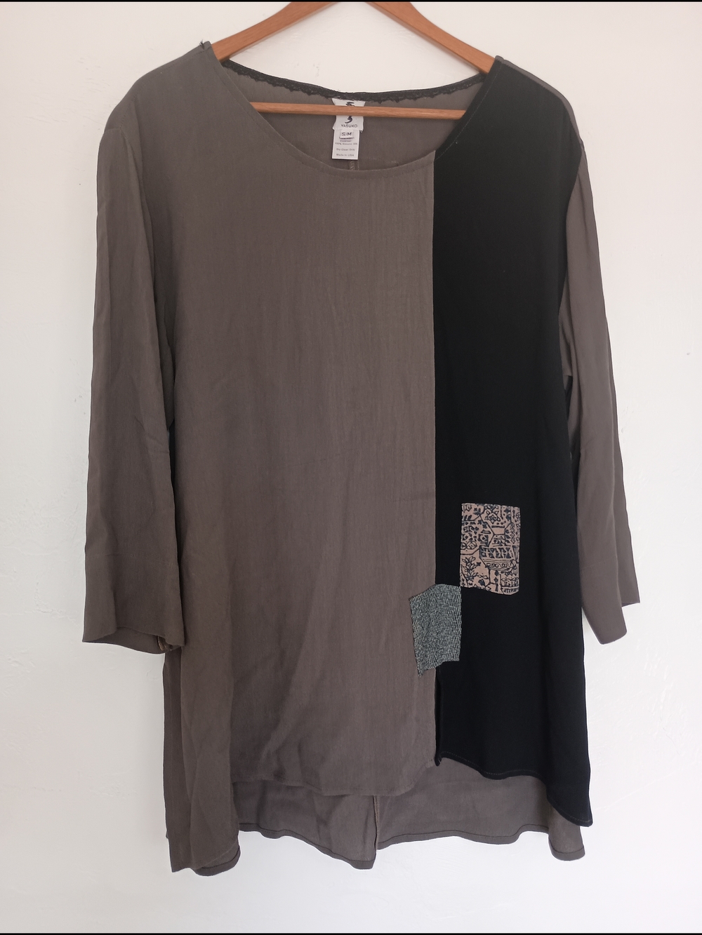 Yasuko Colorblock Tunic Blouse Patchwork Rayon Kimono Silk Brown Black Beige S/M